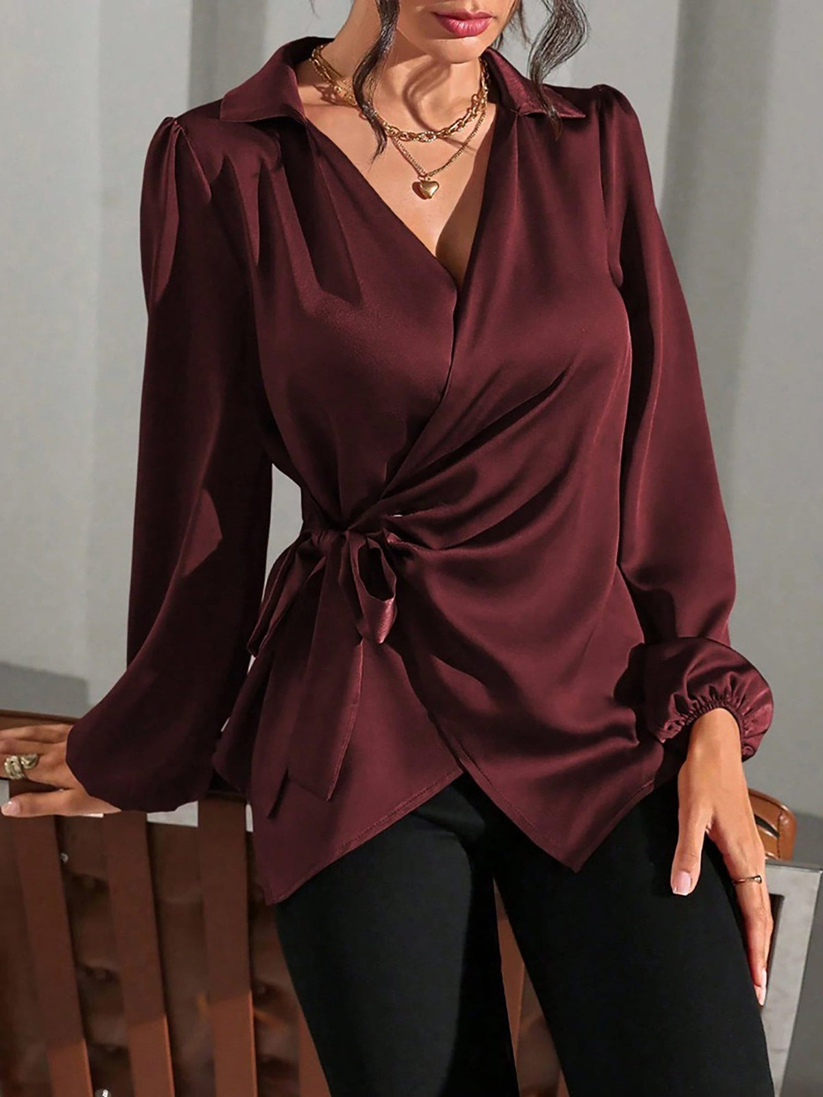 Long sleeve wrap blouse in burgundy