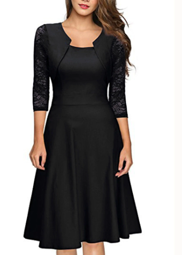 Red A-line midi dress with three-quarter lace sleeves