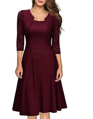 Red midi dress with lace bolero front view