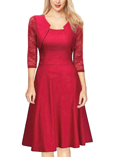 Red A-line midi dress with lace bolero