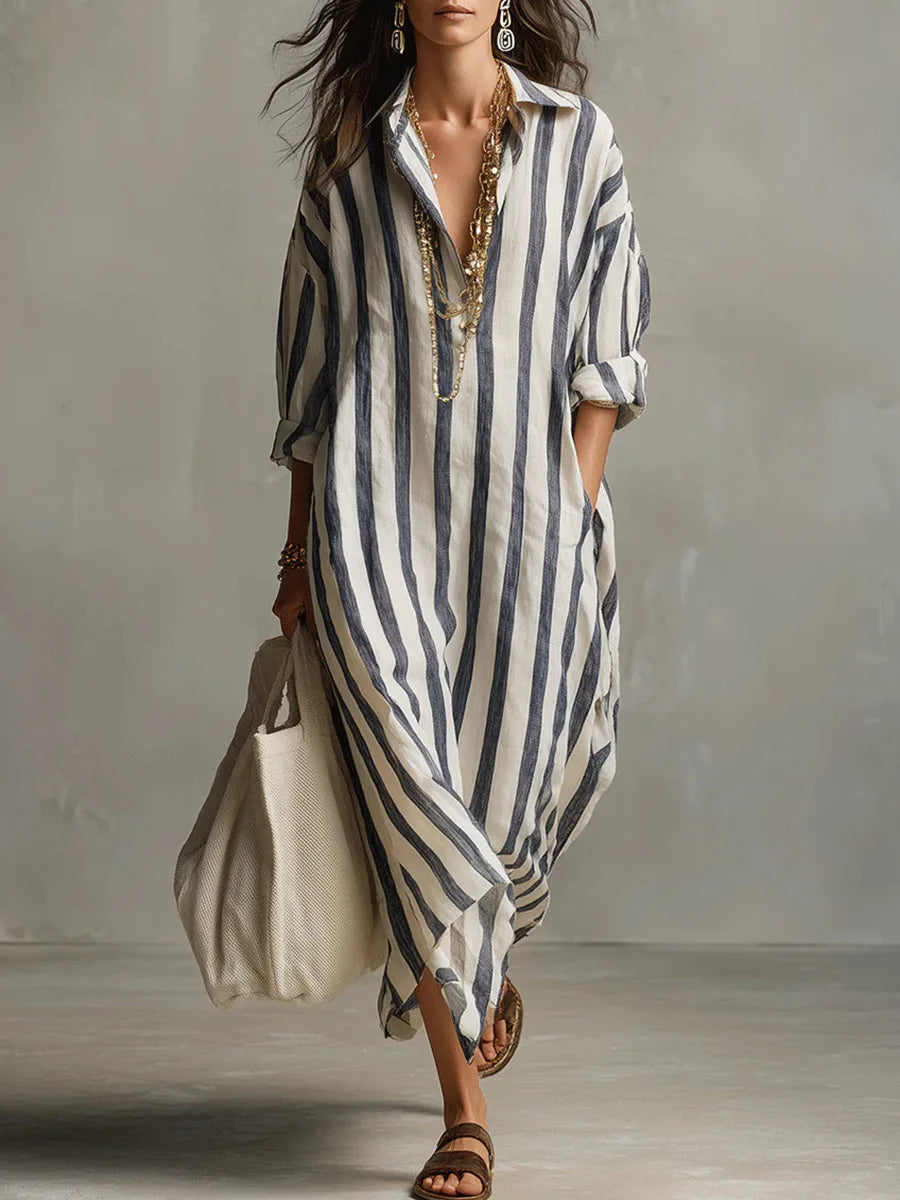 Striped collared maxi shirt dress, front view