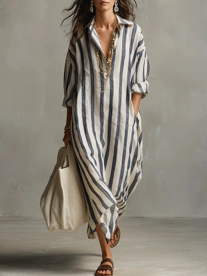 Striped collared maxi shirt dress, front view