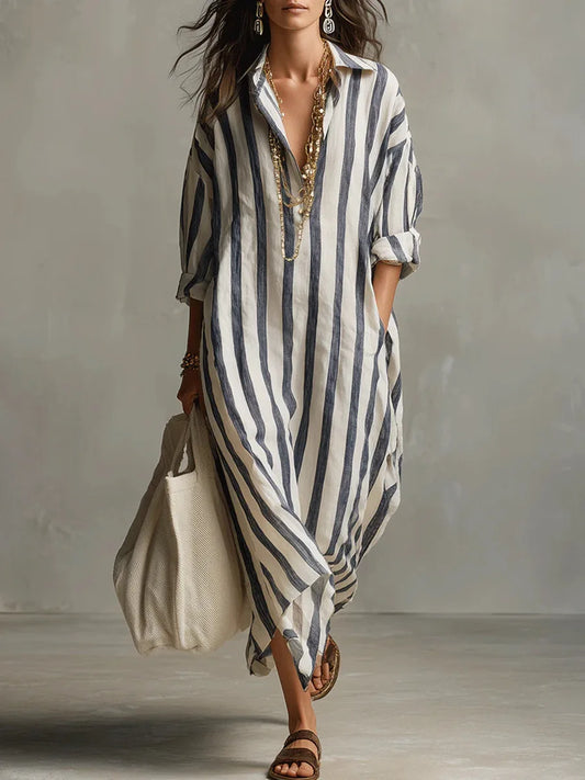 Striped collared maxi shirt dress, front view