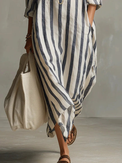Striped maxi shirt dress, side view