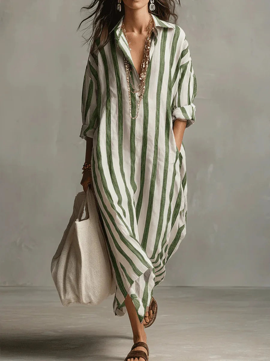Collared shirt dress showing vertical stripe