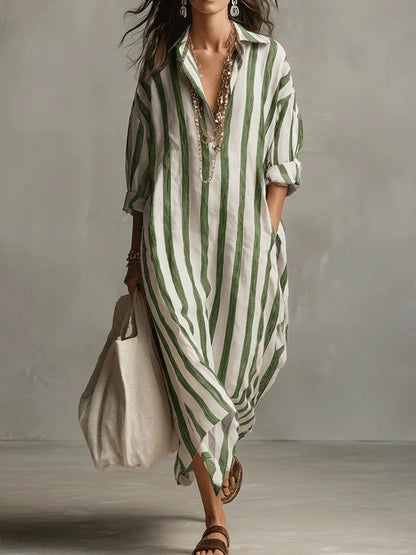 Collared shirt dress showing vertical stripe