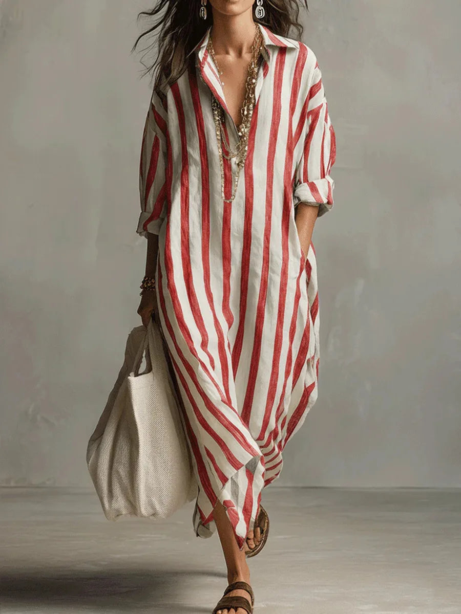 Striped maxi shirt dress, back view