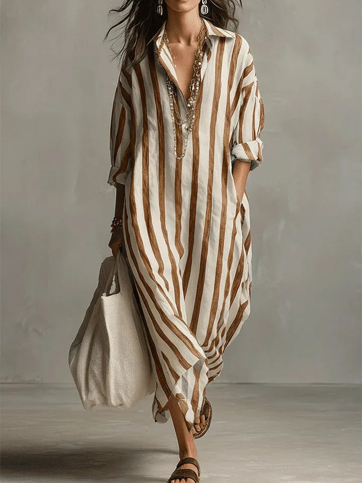 Striped collared maxi shirt dress, styled view