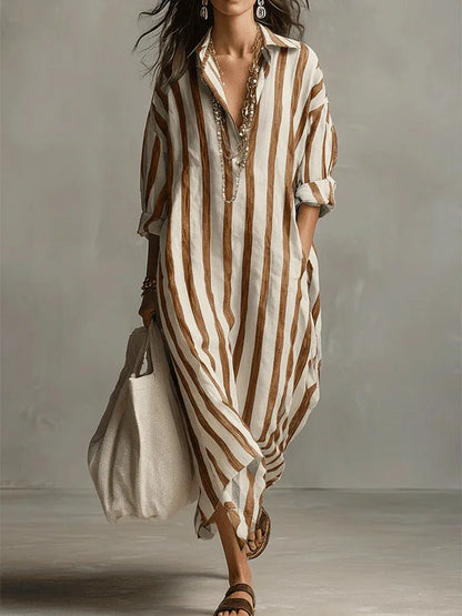 Striped collared maxi shirt dress, styled view