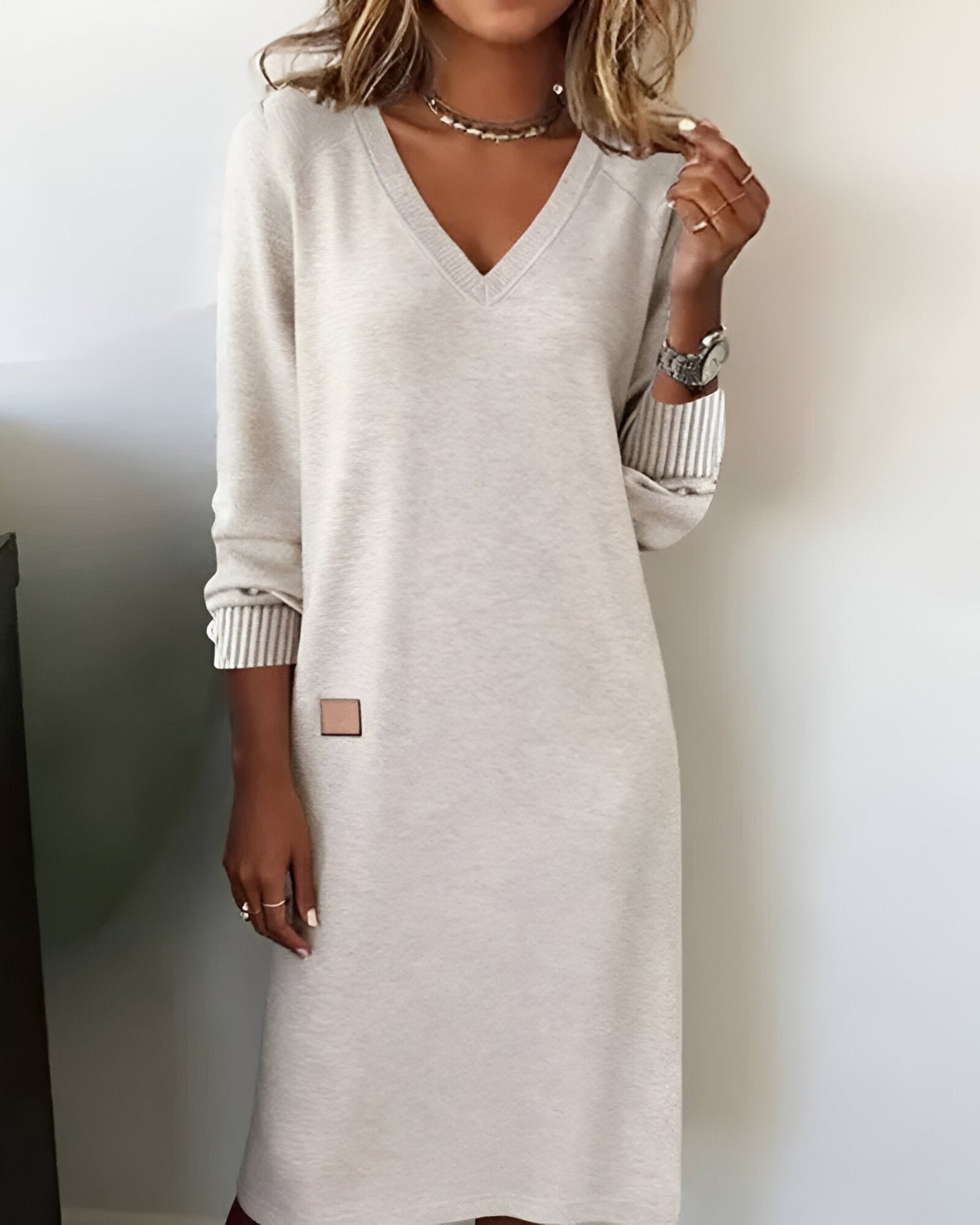 V-neck long sleeve knit midi dress, front view