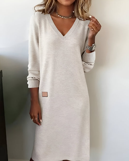 V-neck long sleeve knit midi dress, front view