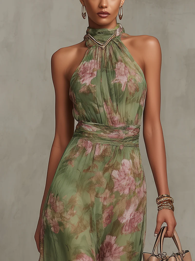Auressa | Floral Halter Neck Maxi Dress