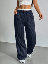 Striped high-waist wide-leg trousers in marine blue, front view