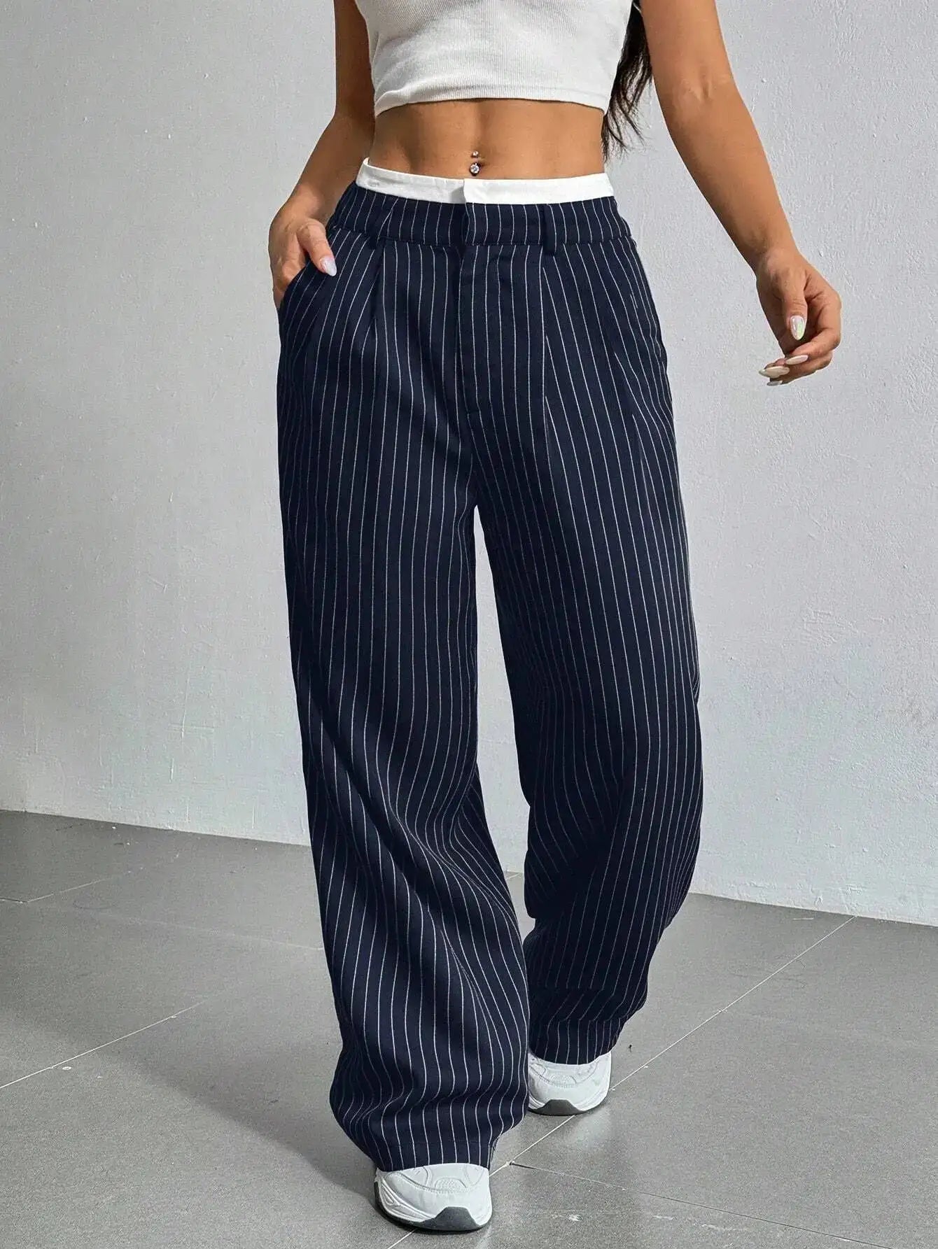 Striped high-waist wide-leg trousers in marine blue, front view