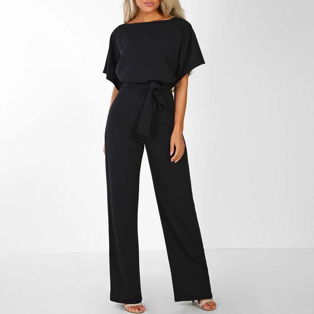 Belted wide-leg jumpsuit in black