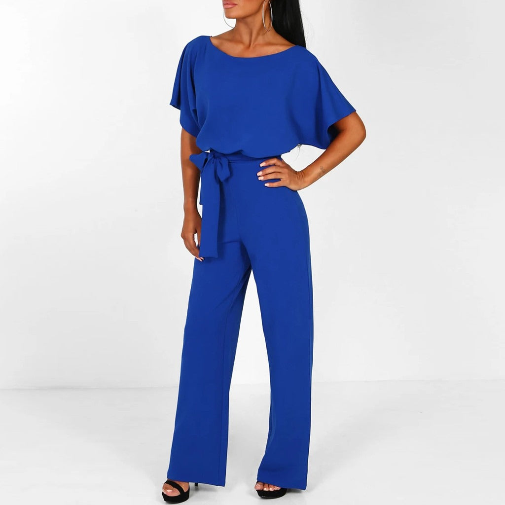 Belted wide-leg jumpsuit in blue, front view