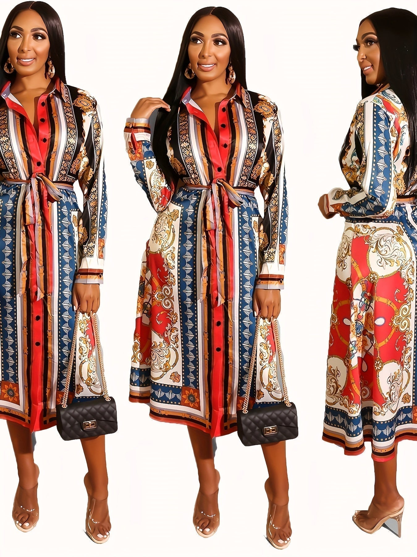 Long-sleeve mid-calf shirt dress full-length view