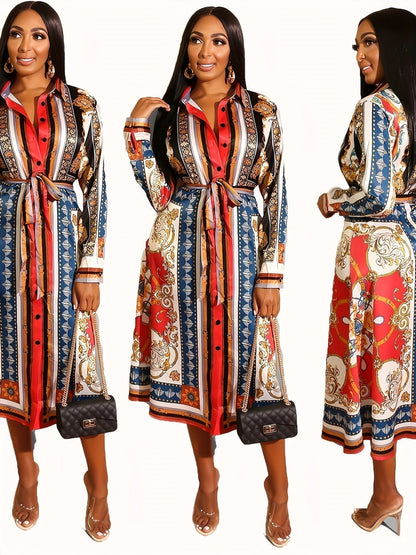 Long-sleeve mid-calf shirt dress full-length view