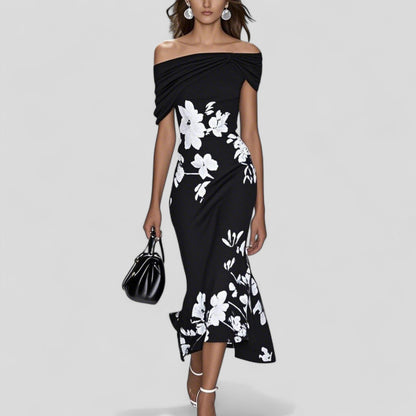 Virelle | Floral Off-Shoulder Midi Wedding Guest Dress