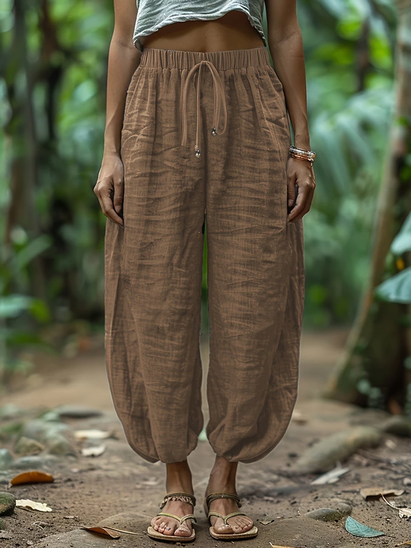 Lantern trousers showing drawstring waist detail