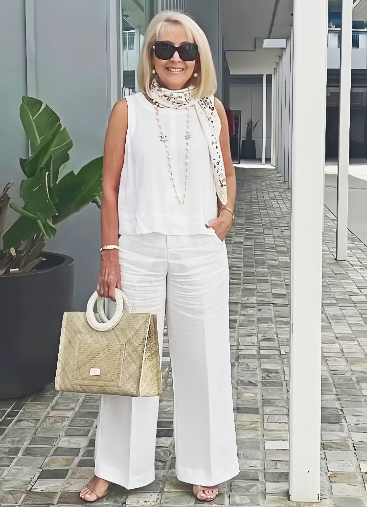Minimal top and trouser set in white, front view