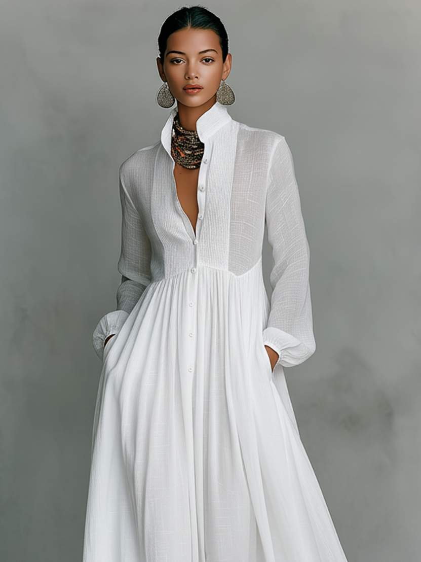 Linen maxi dress showing stand-up collar