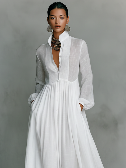 Linen maxi dress showing stand-up collar