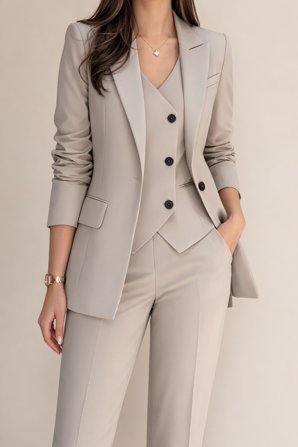 Three-piece tailored suit set in grey, front view