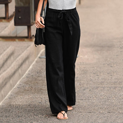 Wide-leg drawstring trousers, side view