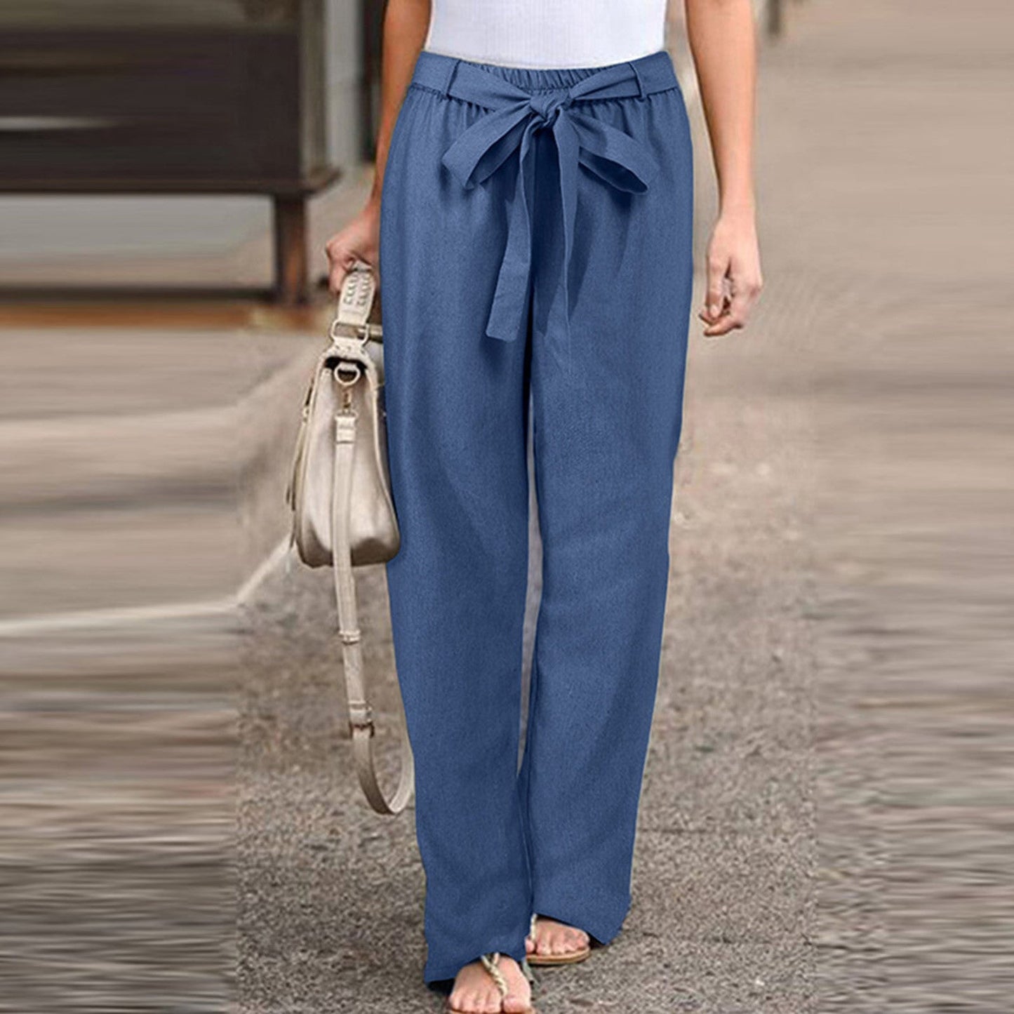 High-waist drawstring trousers, back view