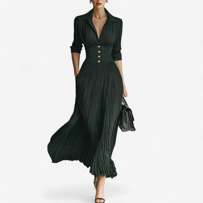 Collared pleated button-front maxi dress, front view