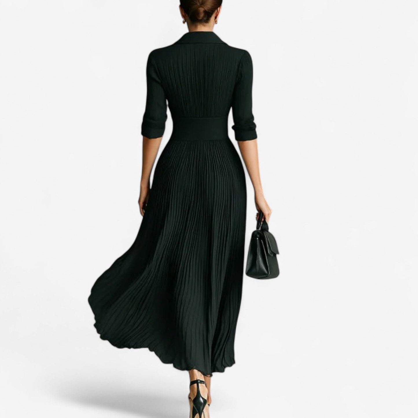 Pleated maxi dress showing collar and button front