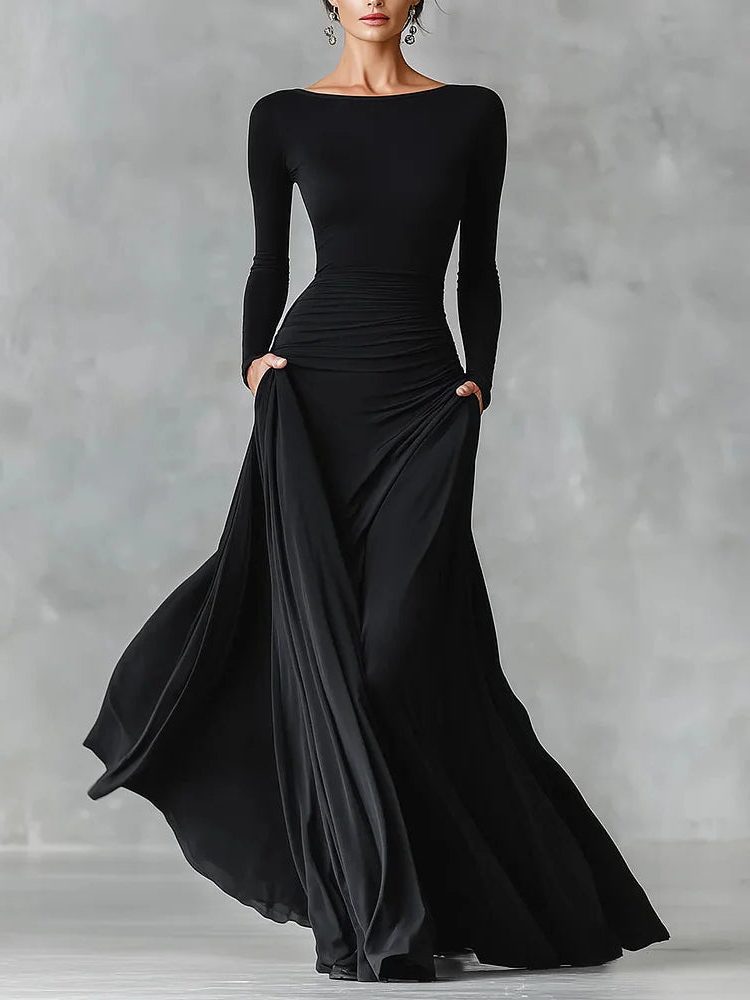 Benedetta black long sleeve maxi dress, front view