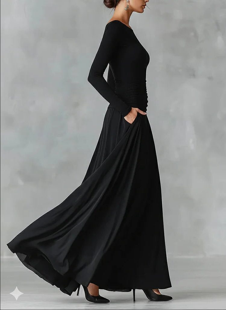 Black long sleeve maxi dress, view 3
