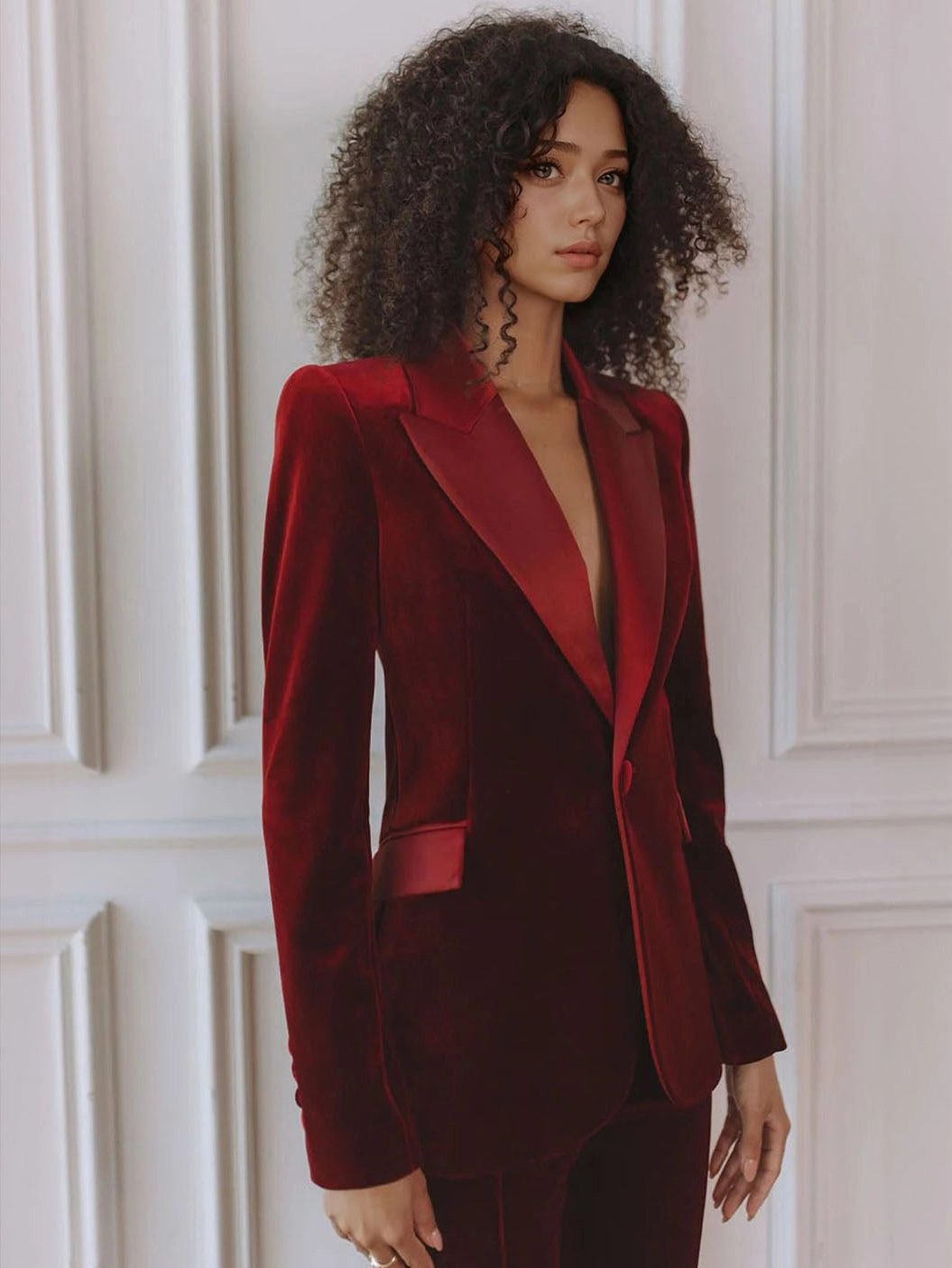 Velvet blazer and flare trouser set for women view 4