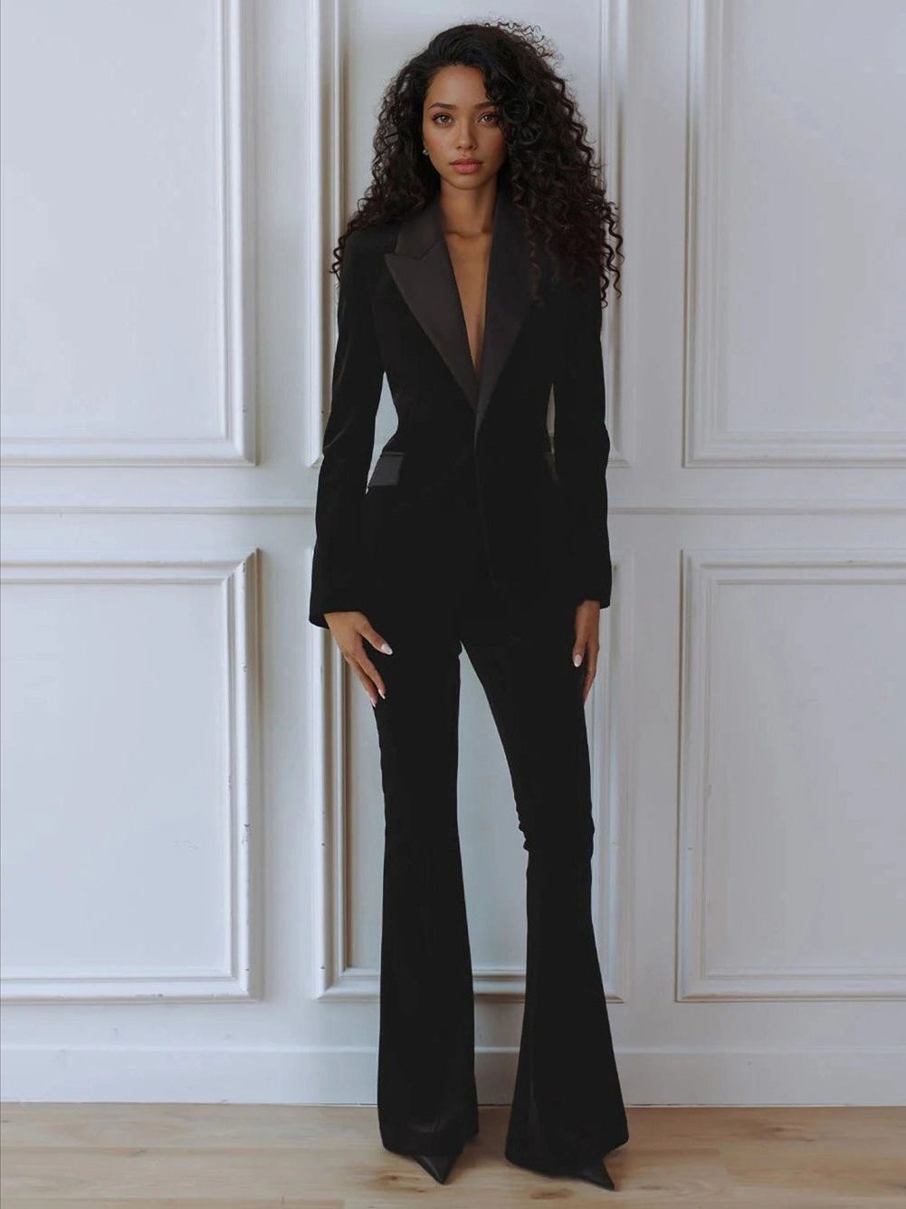 Velvet blazer and flare trouser set for women view 6
