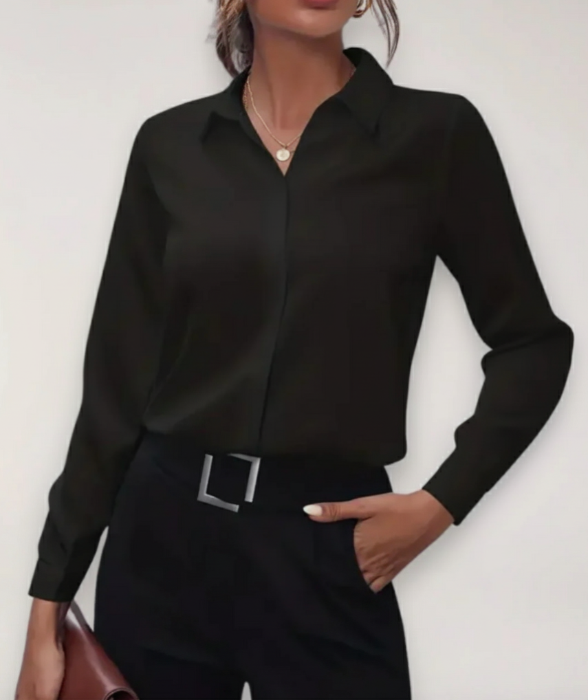 Collared button-front top in black colourway