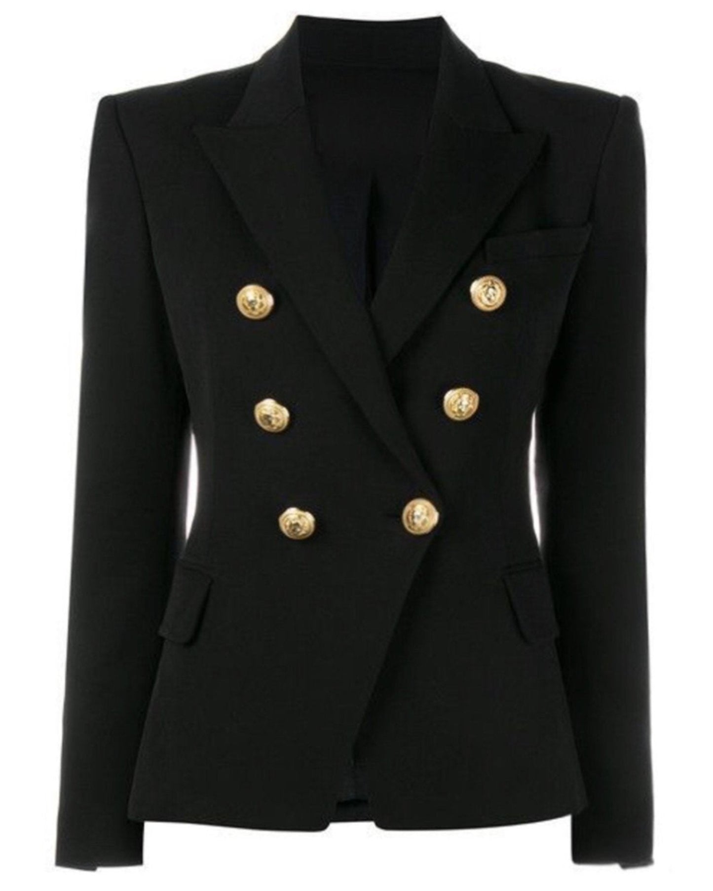 Black tailored blazer with gold buttons, side view