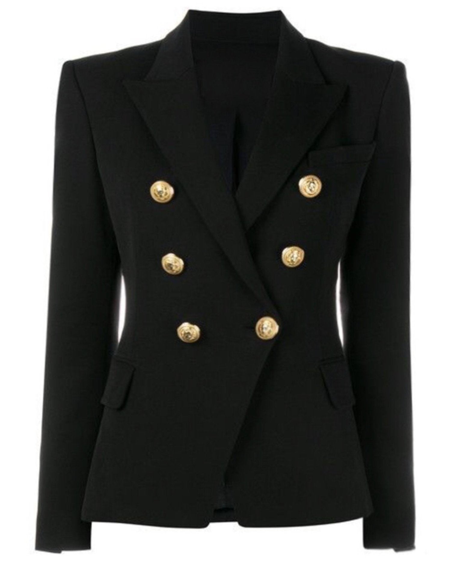 Black tailored blazer with gold buttons, side view