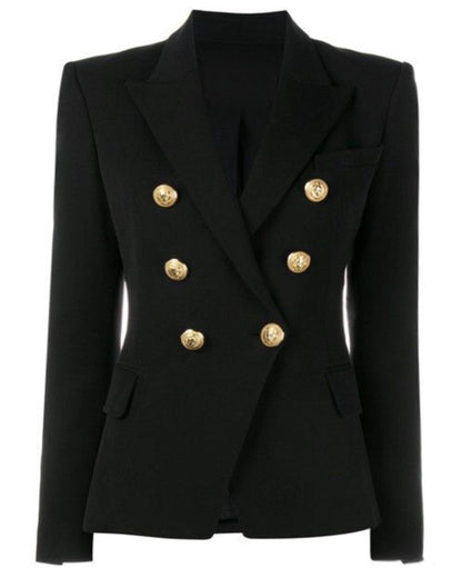 Black tailored blazer with gold buttons, side view