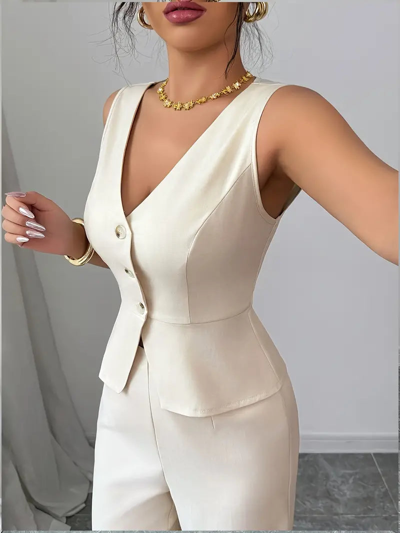 Bonita cream V-neck waistcoat and wide-leg trouser set, front view