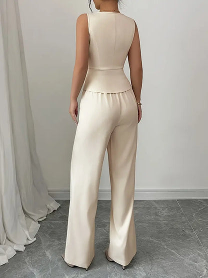 Cream V-neck waistcoat and wide-leg trouser set, back view