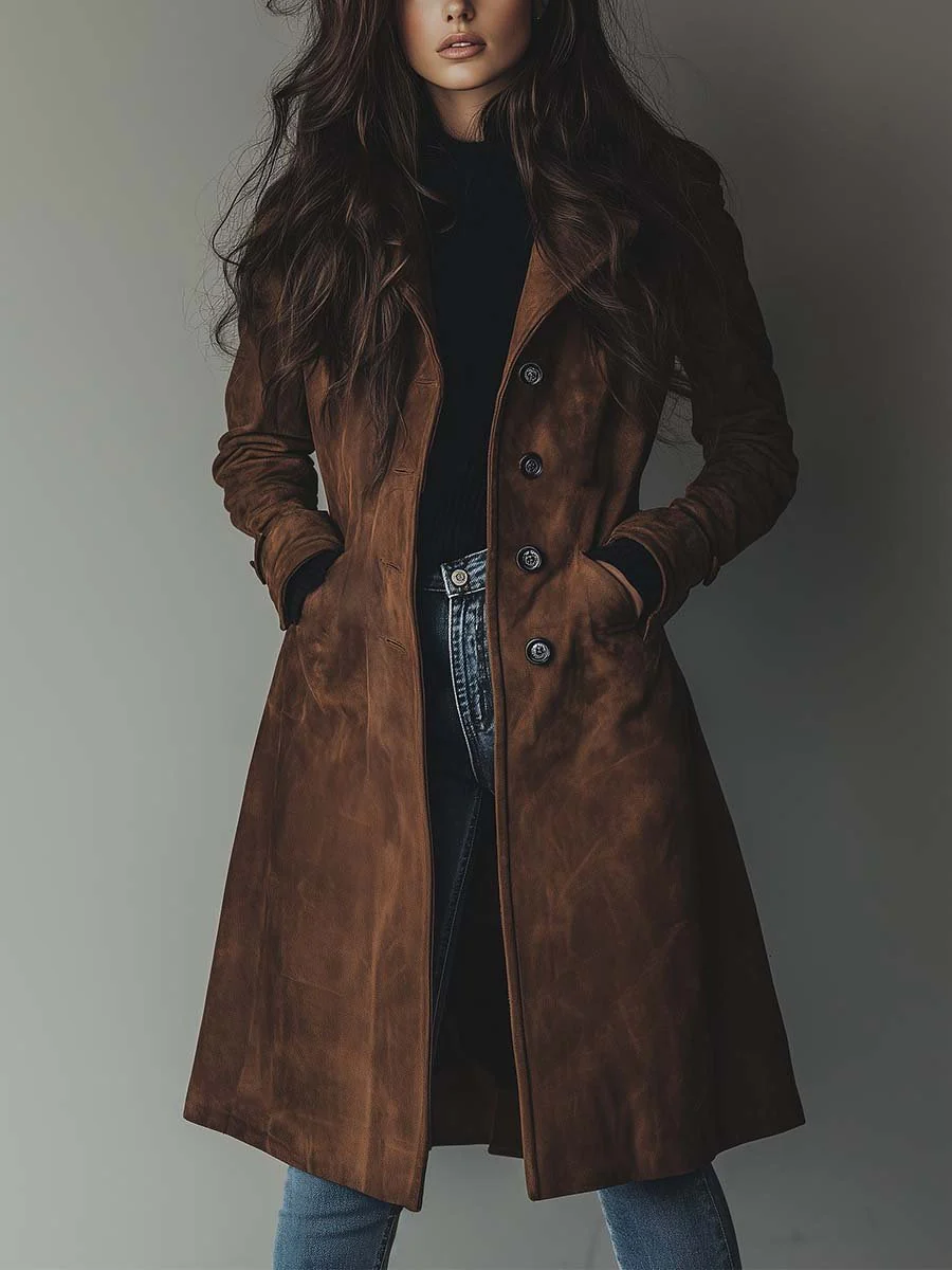 Brenda long suede-look button-front trench coat, front view