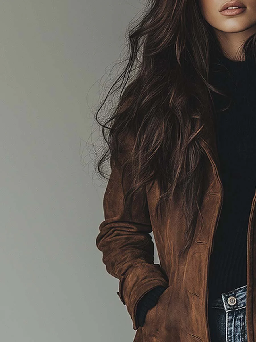 Long suede-look button-front trench coat, side view