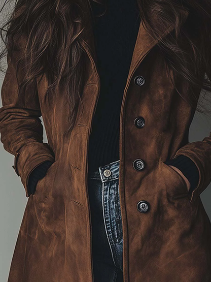 Long suede-look button-front trench coat, back view