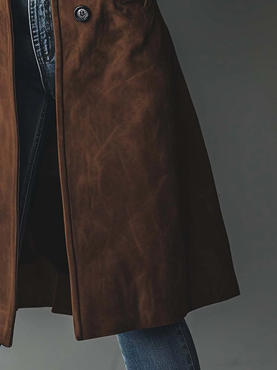 Long suede-look button-front trench coat, close-up of the collar
