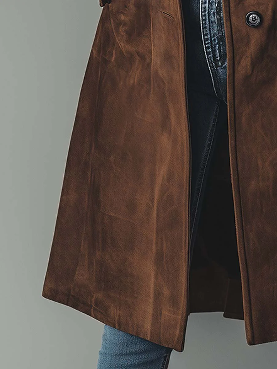Long suede-look button-front trench coat, detail of the sleeve