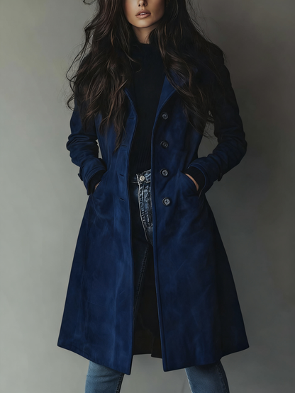 Long suede-look button-front trench coat, close-up of the fabric