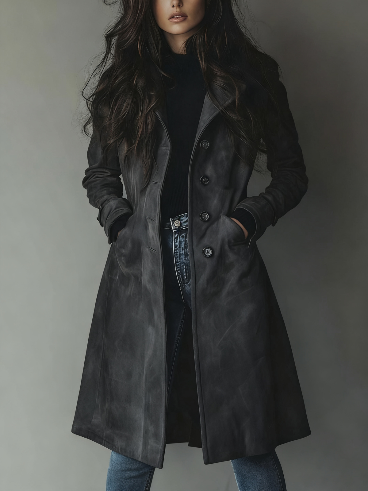 Long suede-look button-front trench coat, open front view