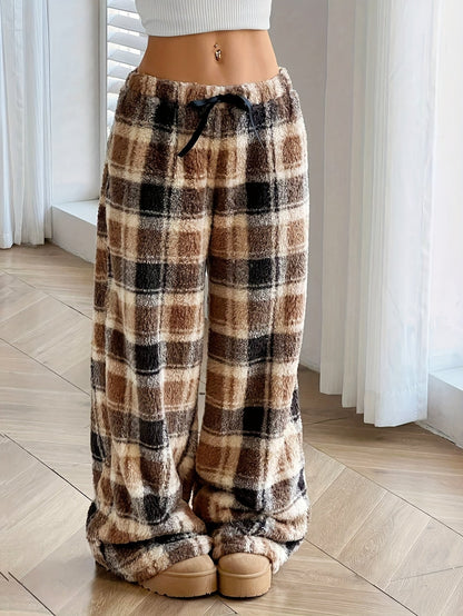 Eira plaid wide-leg fleece pants for women